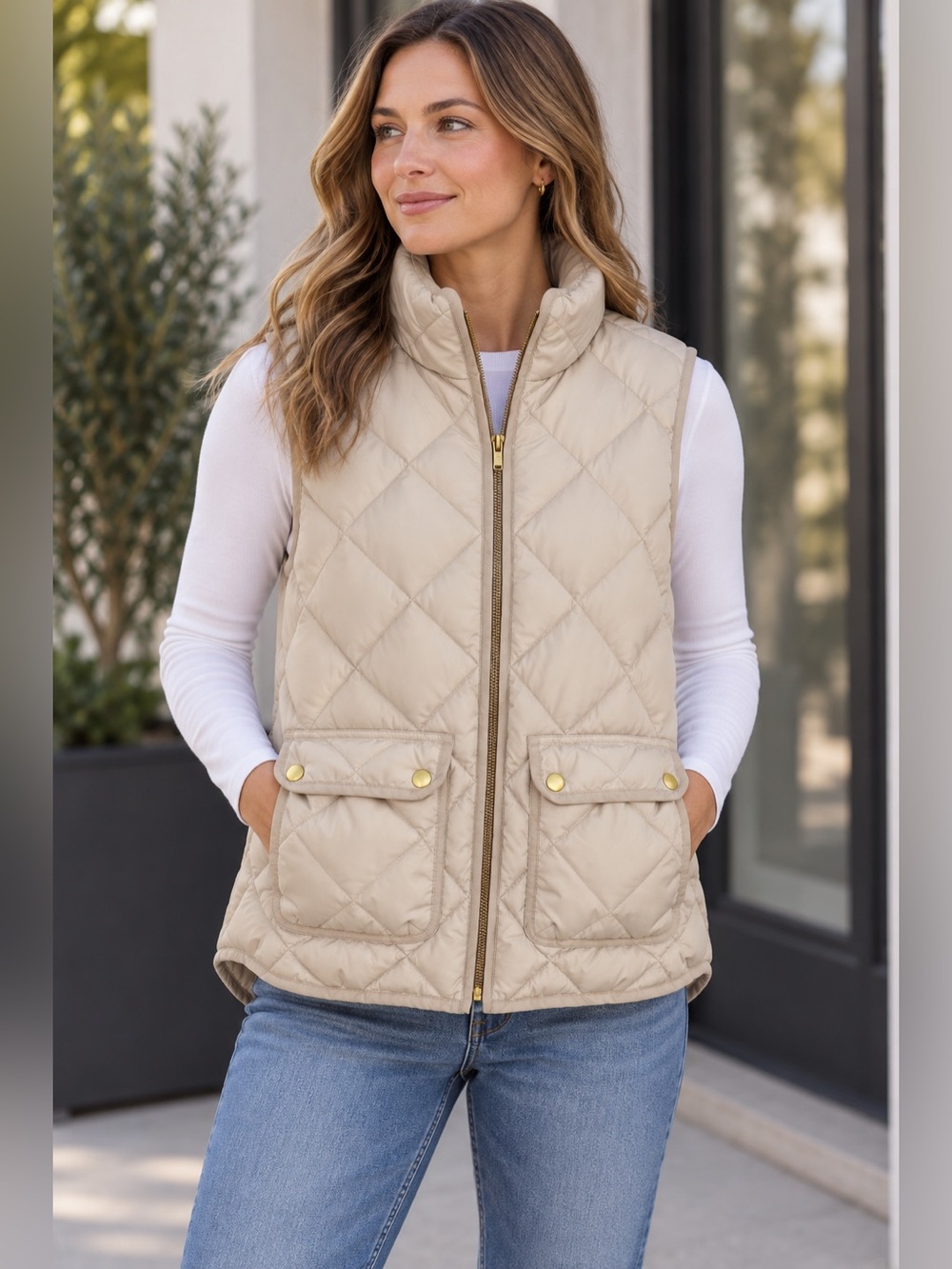 J.Crew Diamond Quilted Down Puffer Vest Cream Equestrian Preppy Gold XS